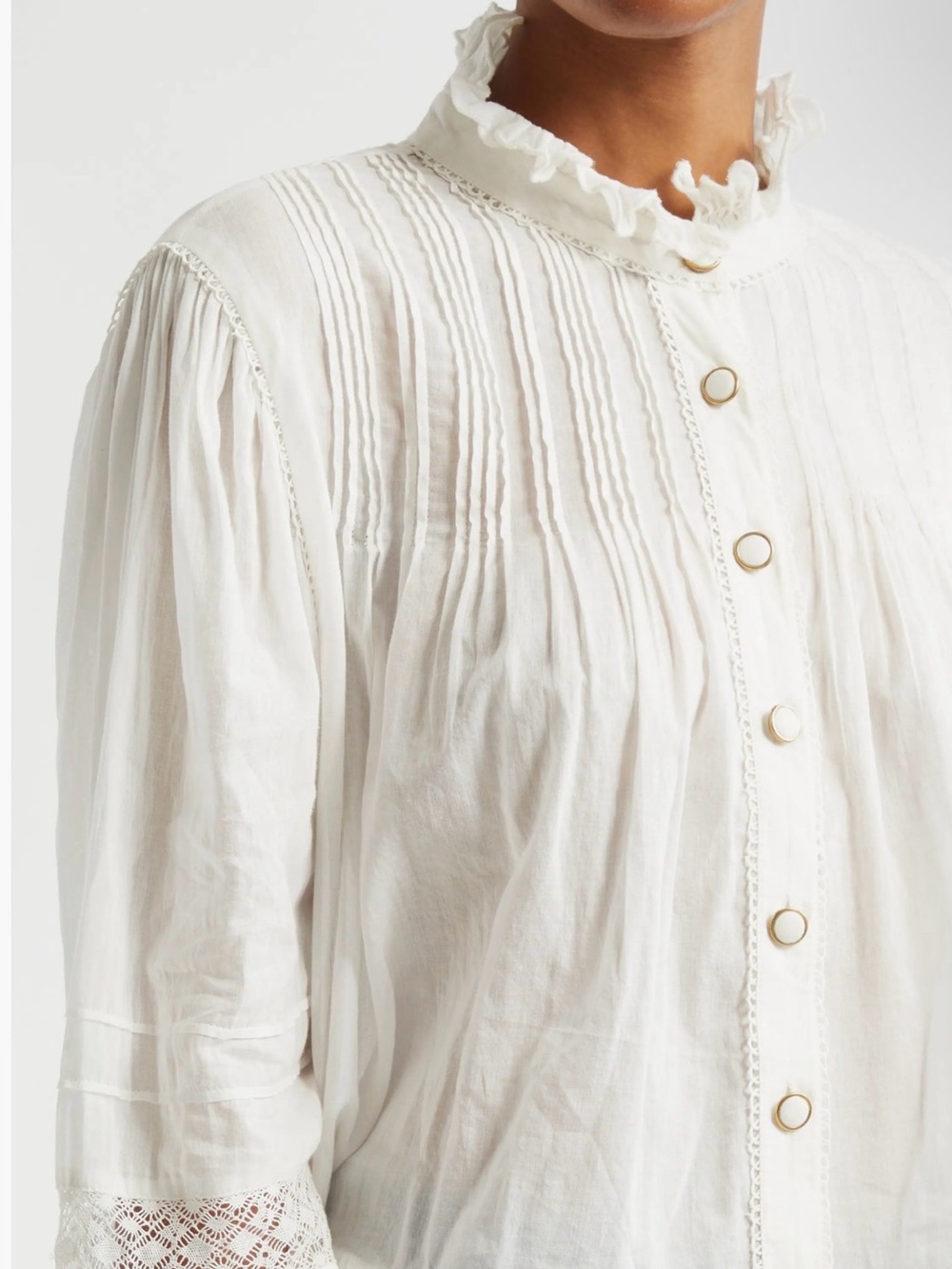 Farm Rio White Ruffle Sleeve Gold Button-Down Shirt | Size Large - Picture 2 of 8